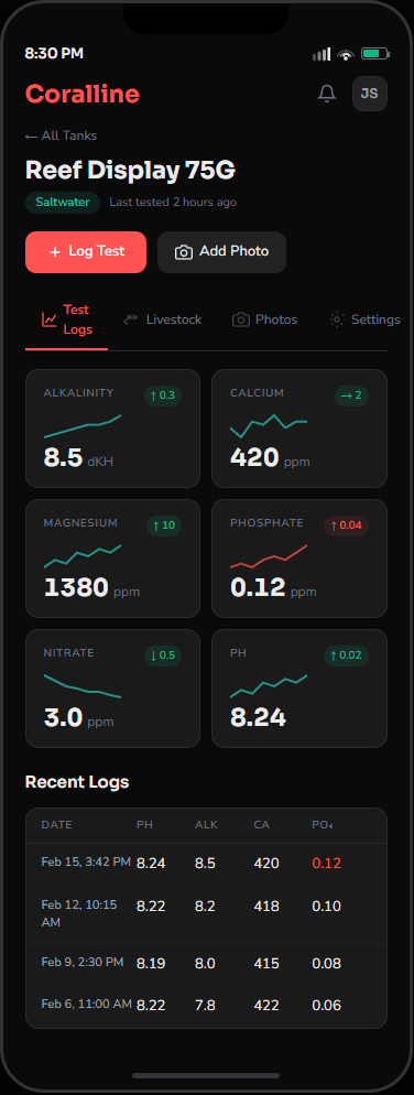 Coralline Tank Detail view showing parameter cards with sparklines, trend deltas, and recent test logs